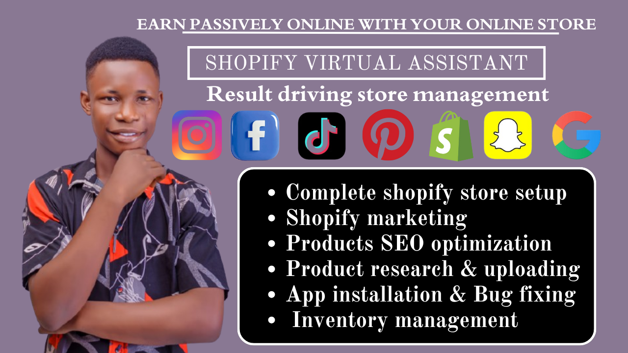 I will be your shopify virtual assistant shopify store manager shopify marketing expert