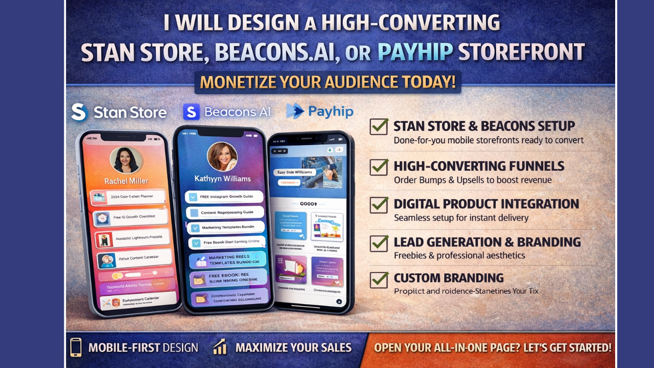 I will design a high-converting Stan Store, Beacons AI, or Payhip storefront